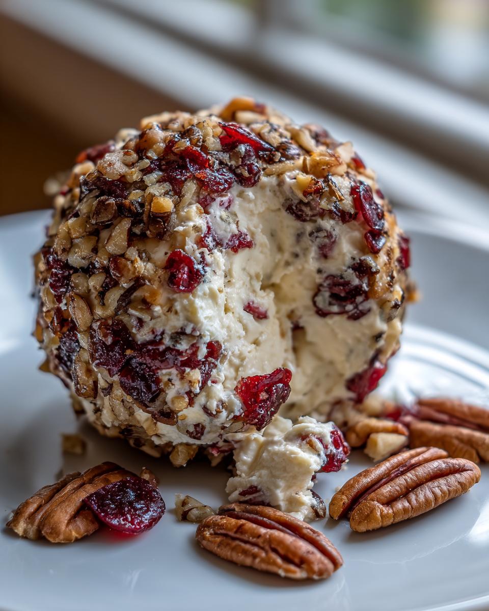 A close-up of a creamy cranberry pecan cheese ball with a piece removed, showing the texture and surrounded by whole pecans.