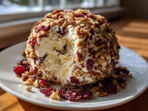 A close-up view of a delicious cranberry pecan cheese ball, coated in nuts and dried fruit, sitting on a white plate.