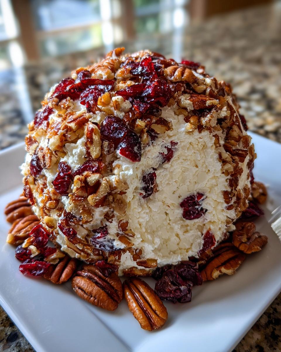 A perfectly formed cranberry pecan cheese ball coated in chopped pecans and dried cranberries, served on a white square plate.