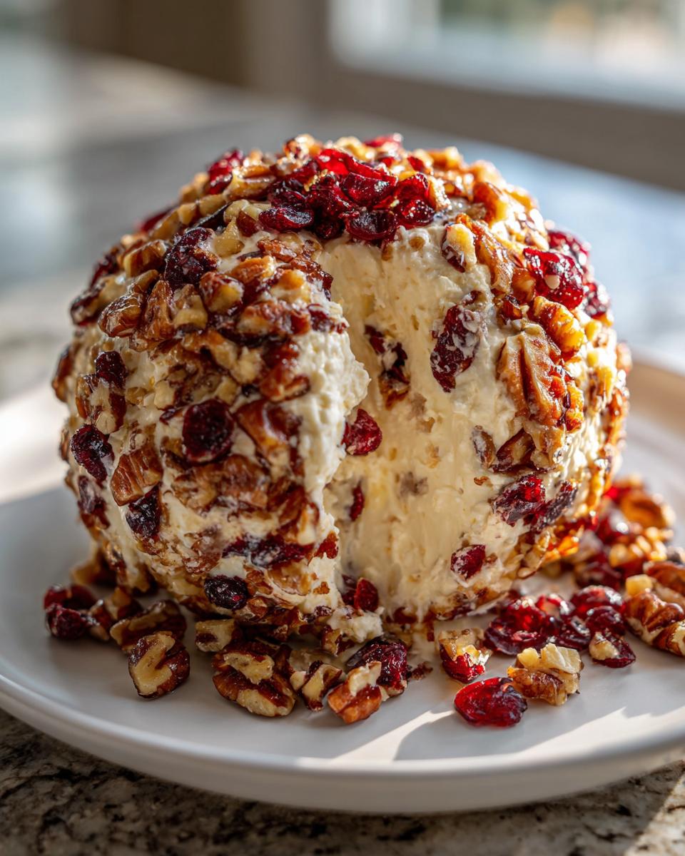 A close-up of a creamy cranberry pecan cheese ball with a piece removed, showing the rich coating of dried cranberries and chopped pecans.