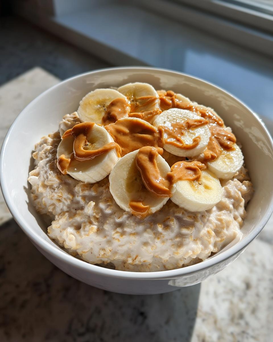 A white bowl filled with creamy banana oatmeal topped with sliced bananas and drizzled peanut butter.