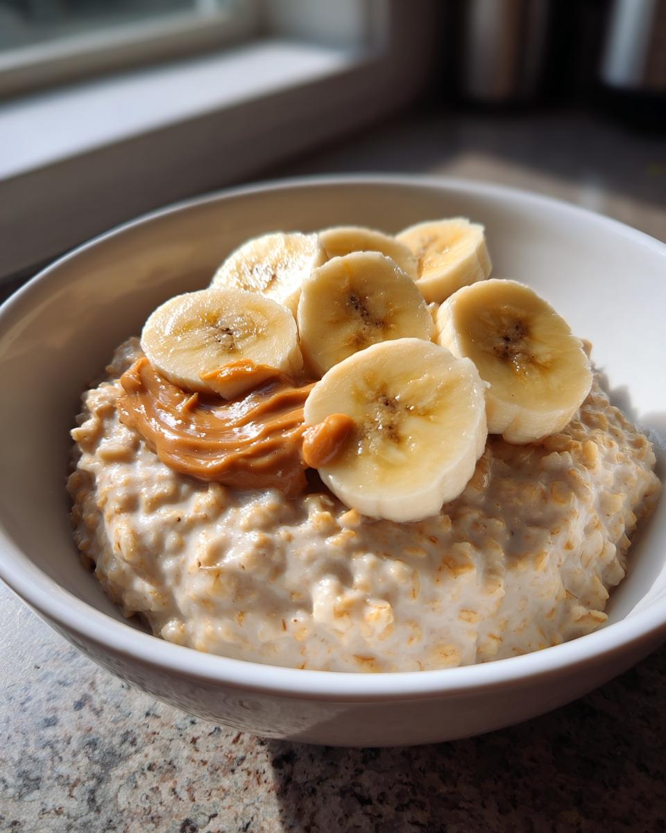 A white bowl filled with creamy banana oatmeal, topped with sliced bananas and a swirl of peanut butter.
