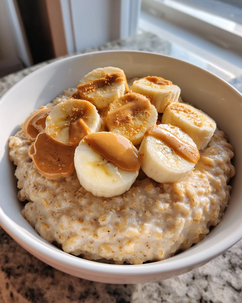 A close-up of creamy banana oatmeal topped with sliced bananas and a drizzle of peanut butter.