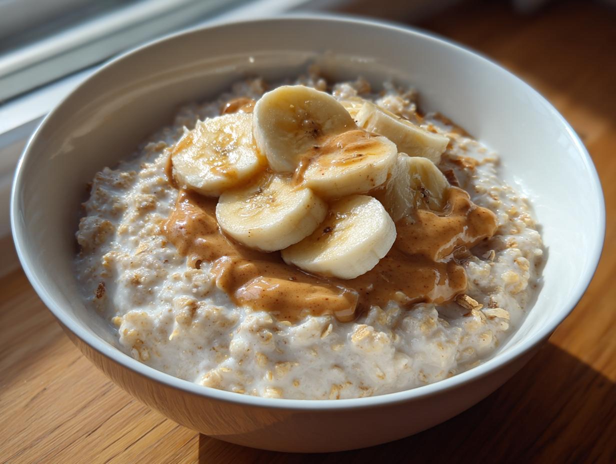 A close-up of creamy banana oatmeal topped with sliced bananas and a drizzle of peanut butter.