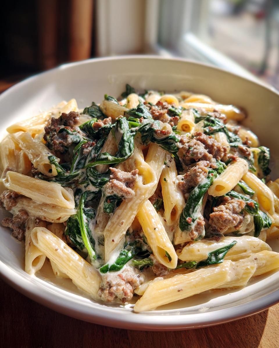 Close-up of a white bowl filled with creamy beef pasta featuring penne, ground beef, and wilted spinach.
