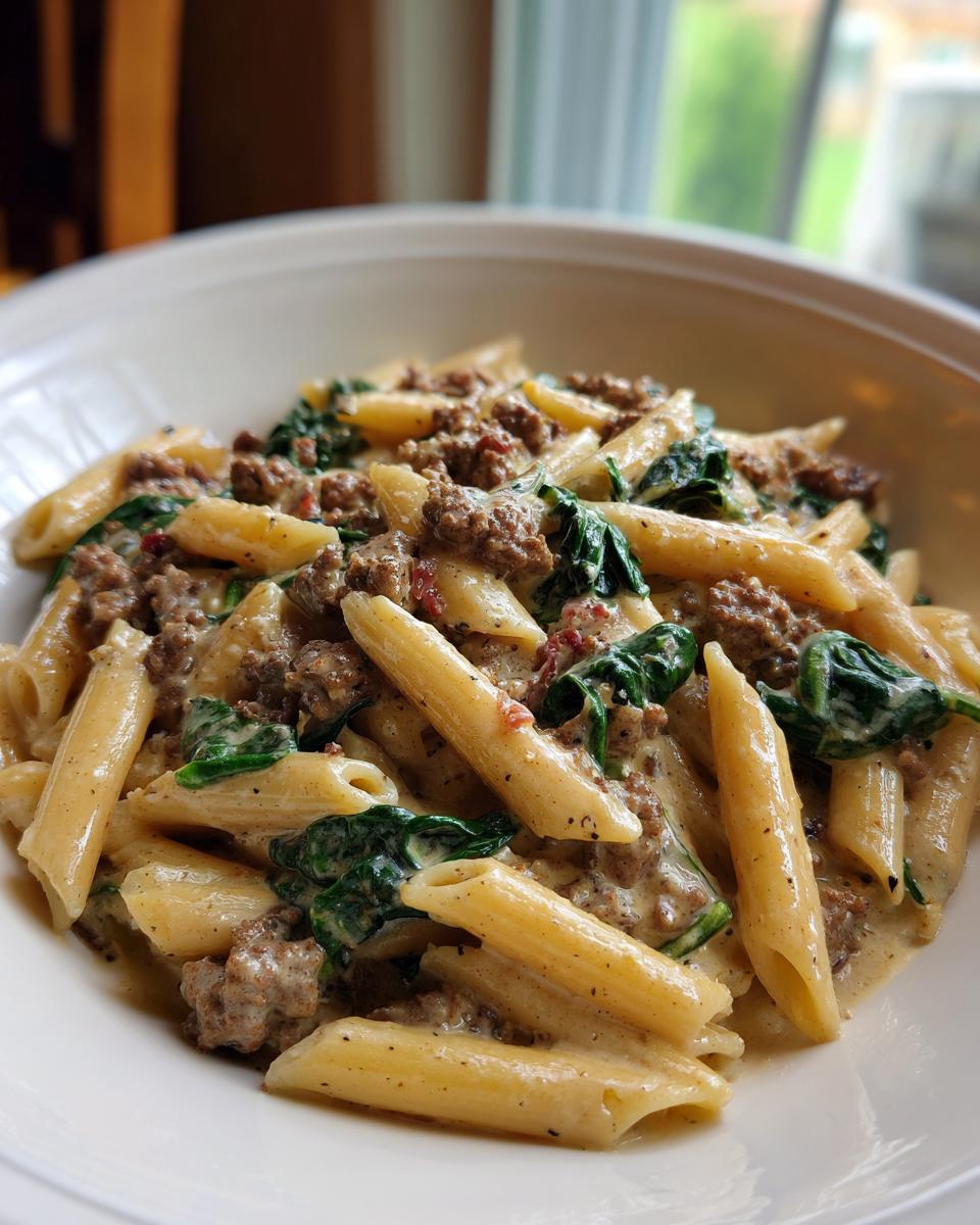 Close-up of a bowl of creamy beef pasta featuring penne, ground beef, and wilted spinach in a rich sauce.