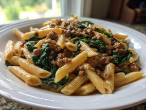 A close-up of a white bowl filled with creamy beef pasta (penne) mixed with ground beef and wilted spinach.