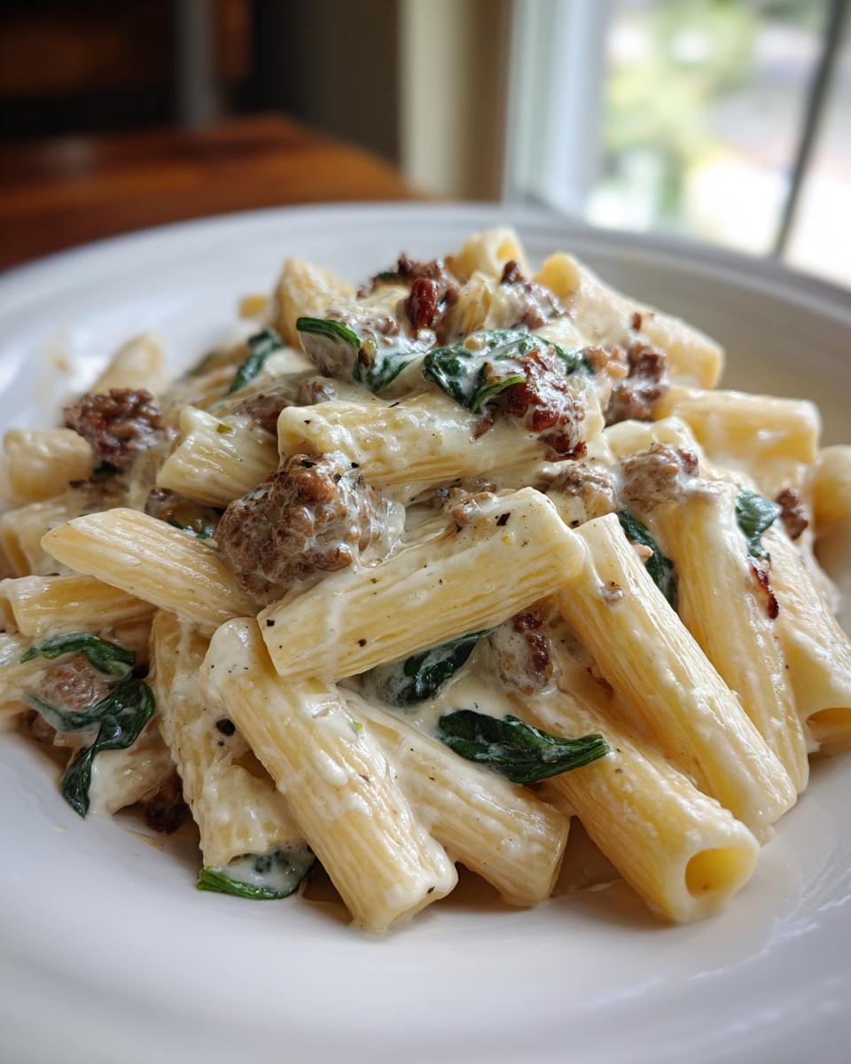 A close-up shot of creamy beef pasta made with rigatoni, ground beef, and wilted spinach in a rich white sauce.