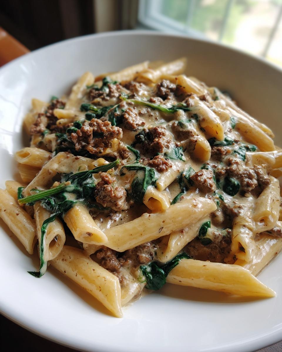 A close-up of a white bowl filled with creamy beef pasta, featuring penne, ground beef, and wilted spinach.
