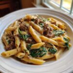 Close-up of a white bowl filled with creamy beef pasta, featuring penne, ground beef, and wilted spinach.