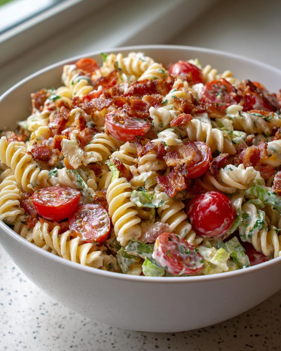 Close-up of a white bowl filled with creamy blt pasta salad featuring rotini pasta, bacon bits, and halved cherry tomatoes.
