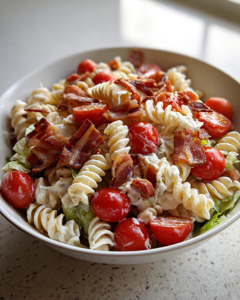 Close-up of a bowl of creamy blt pasta salad featuring rotini pasta, crispy bacon pieces, and bright red cherry tomatoes.
