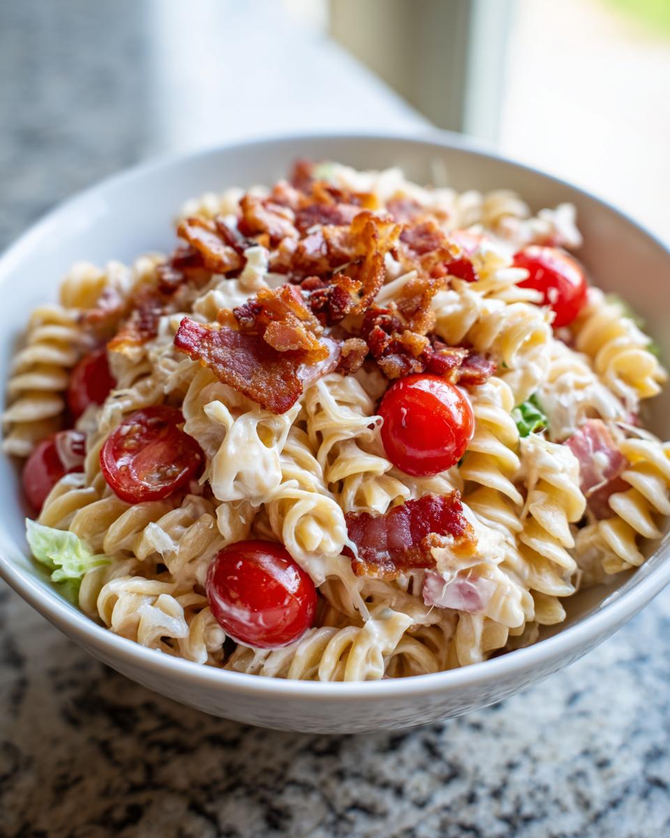 Close-up of a white bowl filled with creamy blt pasta salad, topped generously with crispy bacon bits and halved cherry tomatoes.