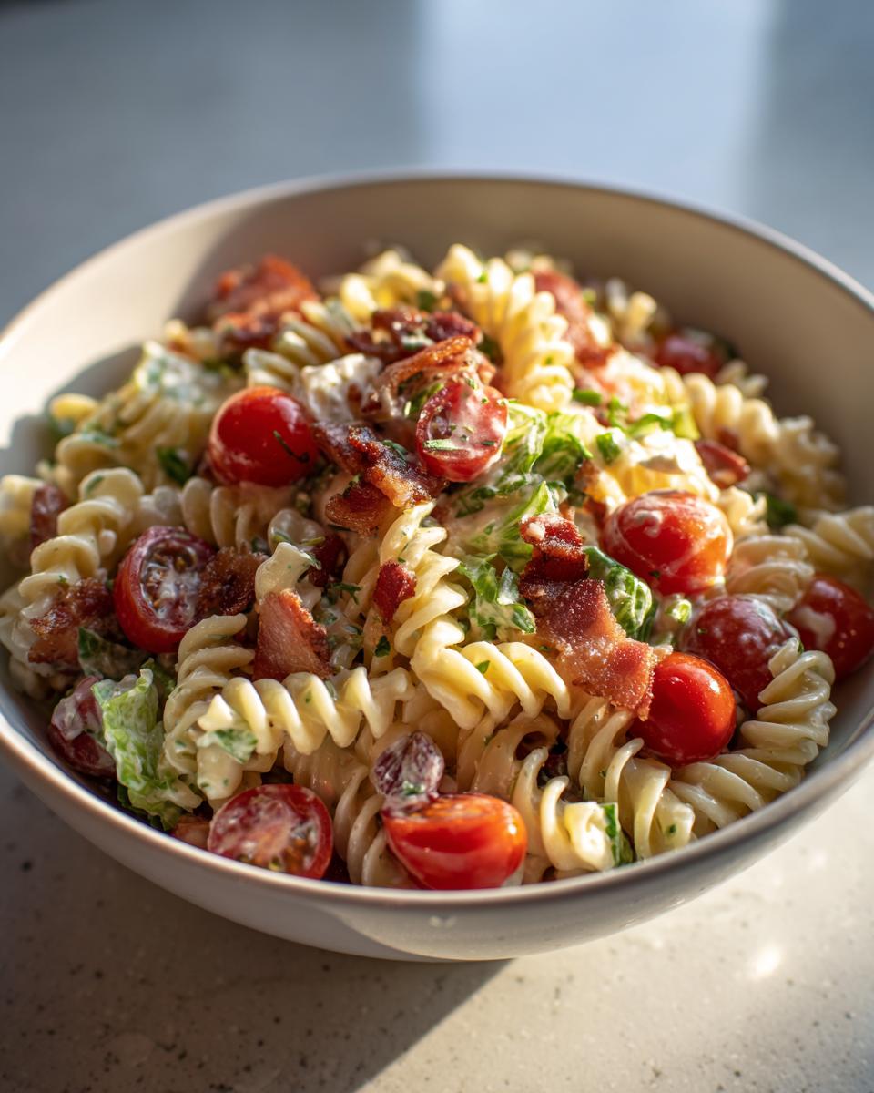 A close-up of a bowl filled with creamy blt pasta salad, featuring rotini pasta, cherry tomatoes, bacon, and lettuce.