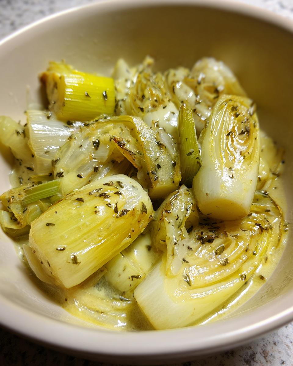 Close-up of tender, yellow braised leeks coated in a creamy sauce and sprinkled with dried herbs.