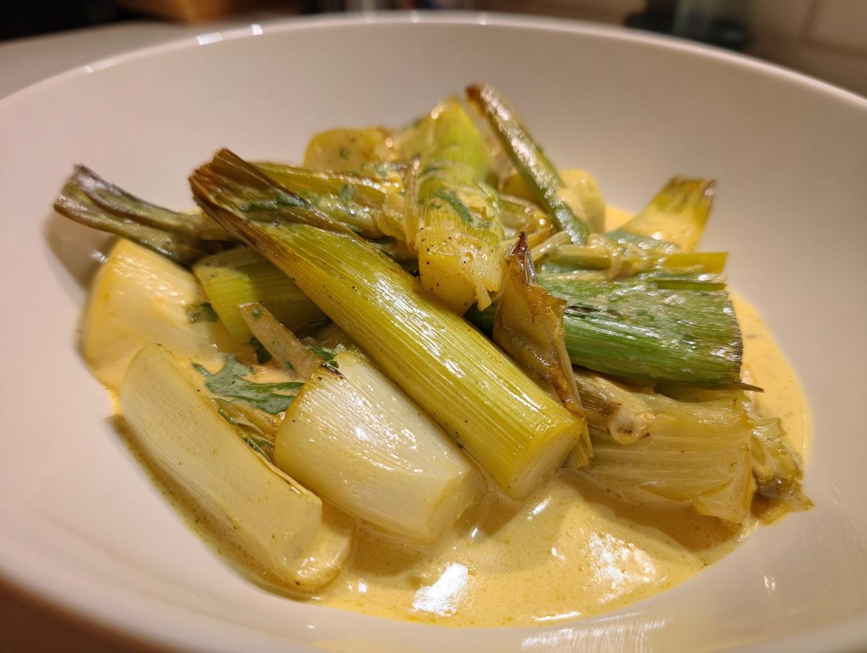 Close-up of tender braised leeks served in a rich, creamy yellow sauce in a white bowl.