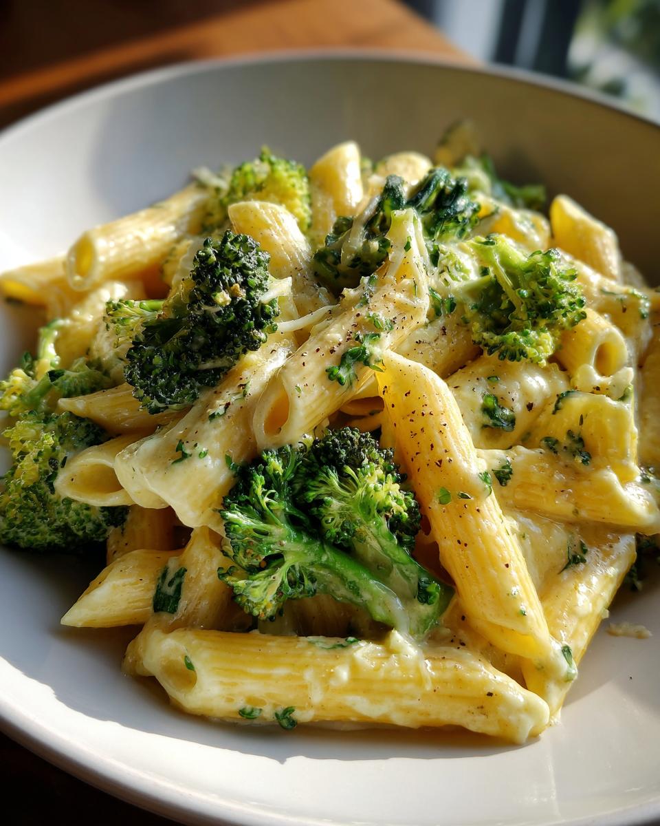 Close-up of creamy penne pasta mixed with bright green broccoli florets, a perfect example of broccoli pasta.