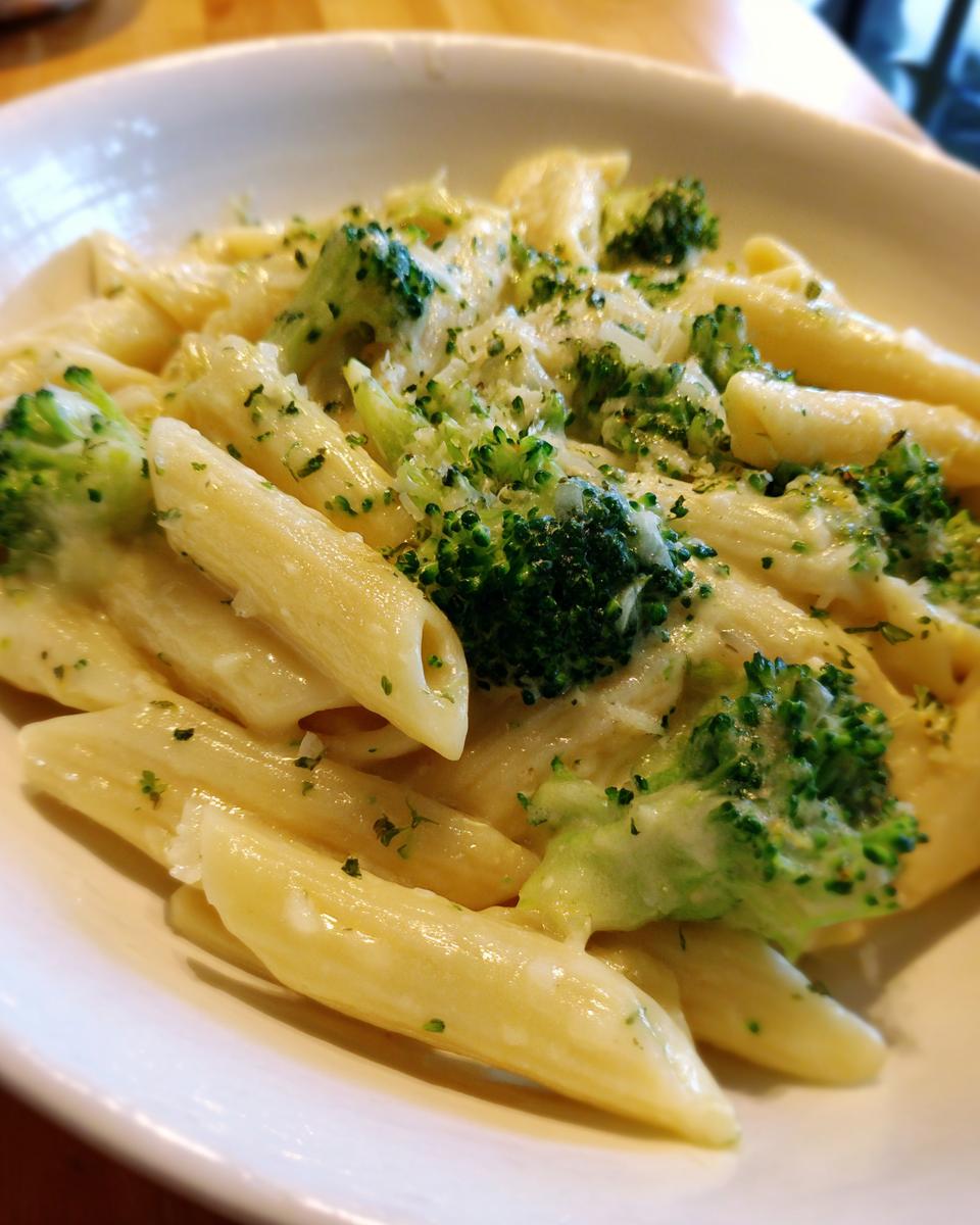 Close-up of creamy penne pasta mixed with bright green broccoli florets and topped with grated cheese.
