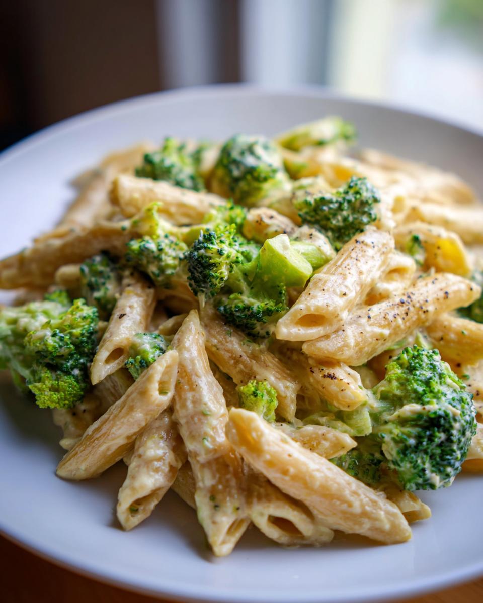 Close-up of creamy broccoli pasta made with penne, bright green florets, and black pepper.