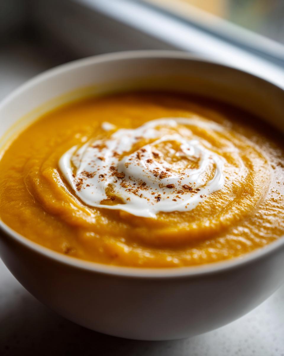 Close-up of rich orange butternut squash soup topped with a swirl of cream and a sprinkle of spice.
