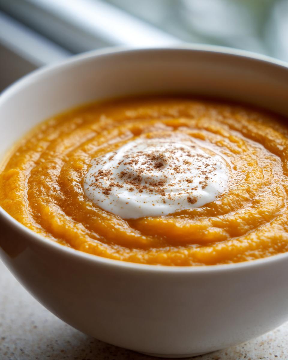 Close-up of a bowl of vibrant orange butternut squash soup topped with cream and cinnamon.