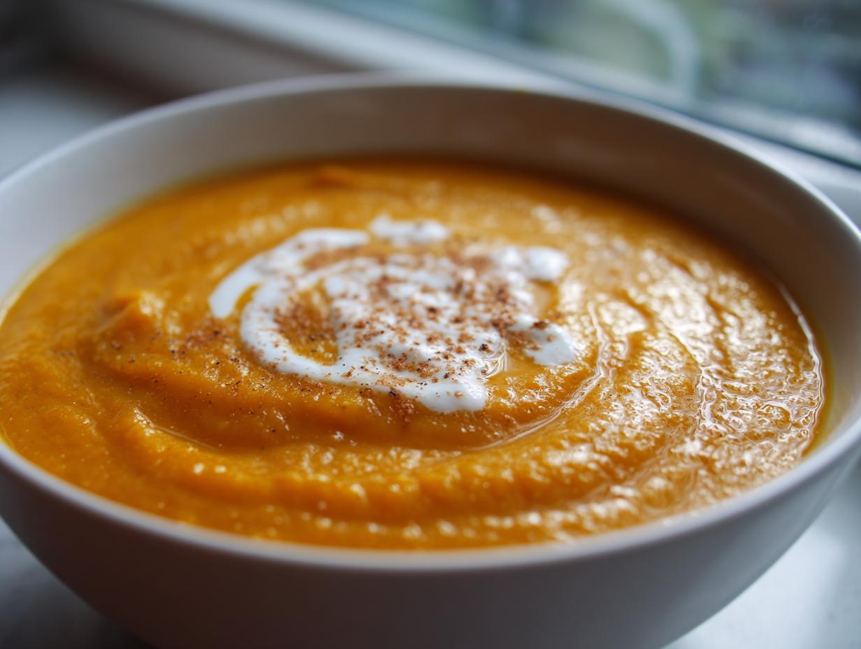 Close-up of a bowl of vibrant orange butternut squash soup topped with a swirl of cream and spices.