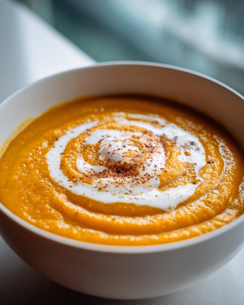 Close-up of rich orange butternut squash soup topped with a white cream swirl and sprinkled spices.