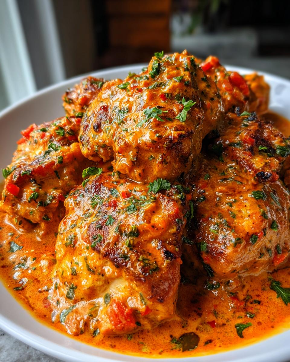 Close-up of several pieces of seared cajun chicken smothered in a rich, creamy orange sauce and sprinkled with fresh parsley.