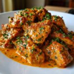 Close-up of tender pieces of cajun chicken coated in a rich, creamy orange sauce and garnished with fresh parsley.