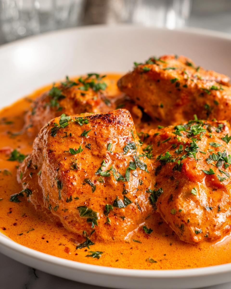 Close-up of seared Cajun chicken pieces smothered in a rich, creamy orange sauce and topped with fresh parsley.