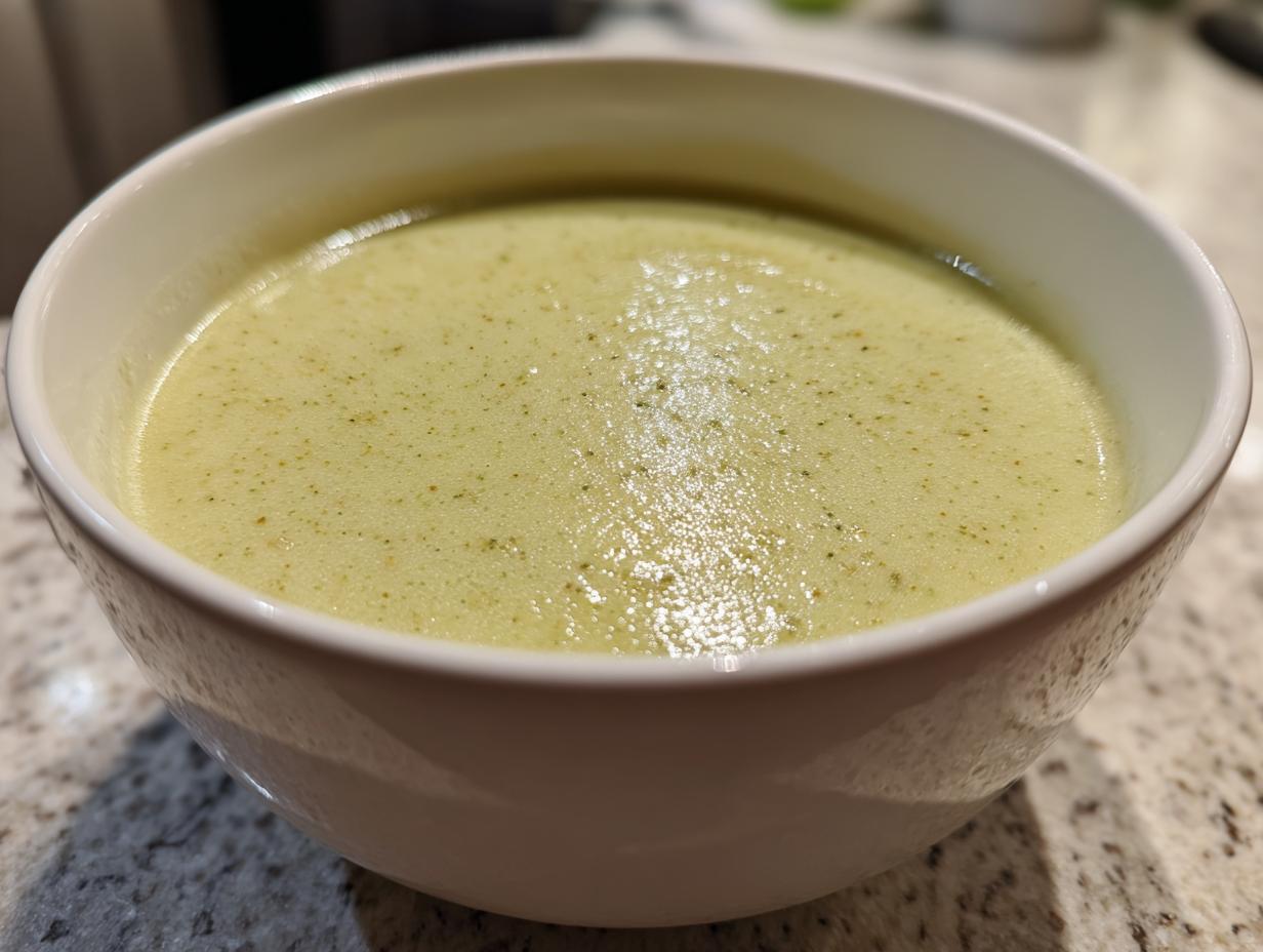 Close-up of a white bowl filled with smooth, pale green celery soup, showing fine specks of herbs.