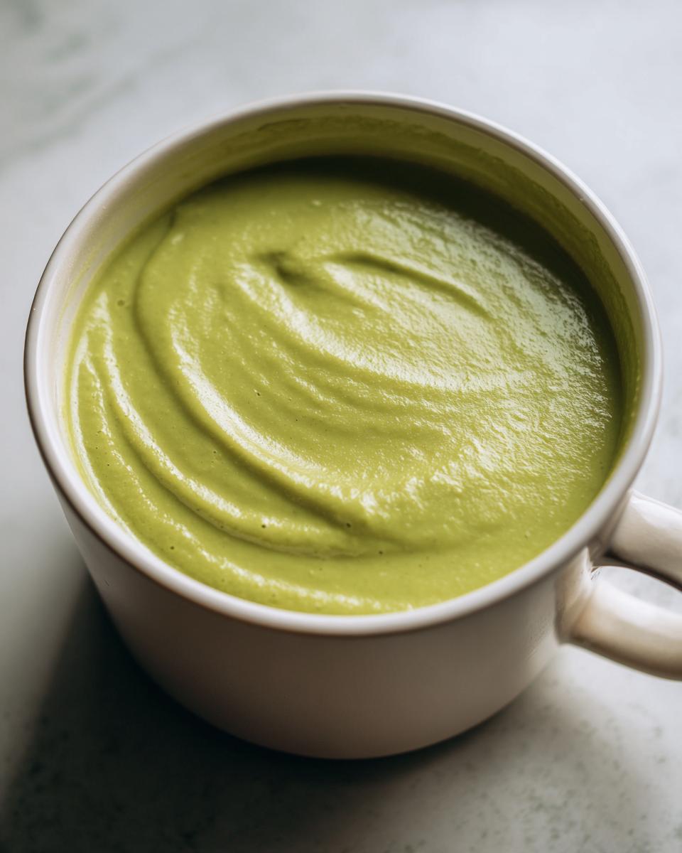 Close-up of thick, vibrant green celery soup swirled inside a white ceramic mug.