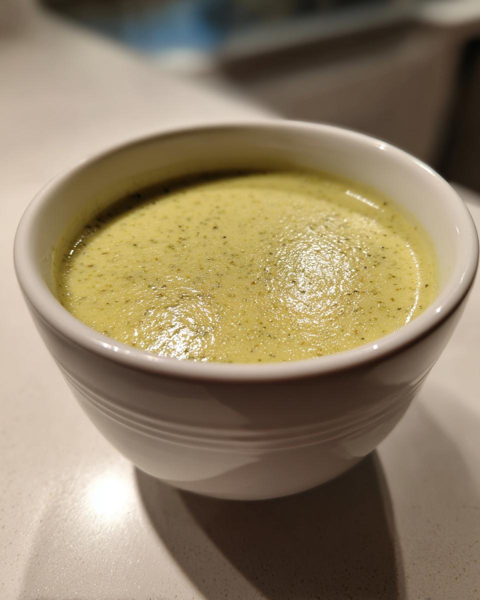 Close-up of a creamy, light green celery soup speckled with herbs, served in a white bowl.