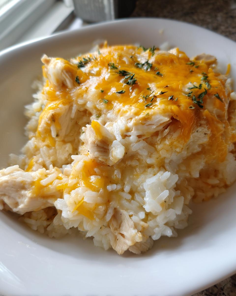 Close-up of a serving of creamy chicken rice casserole topped with melted cheddar cheese and parsley.