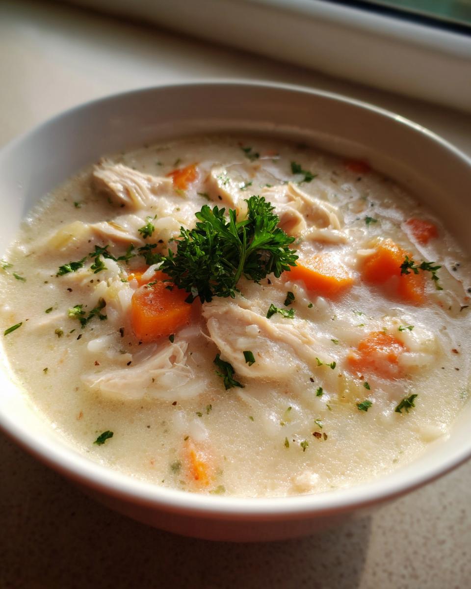 Close-up of a creamy chicken and rice soup, garnished with carrots and parsley.