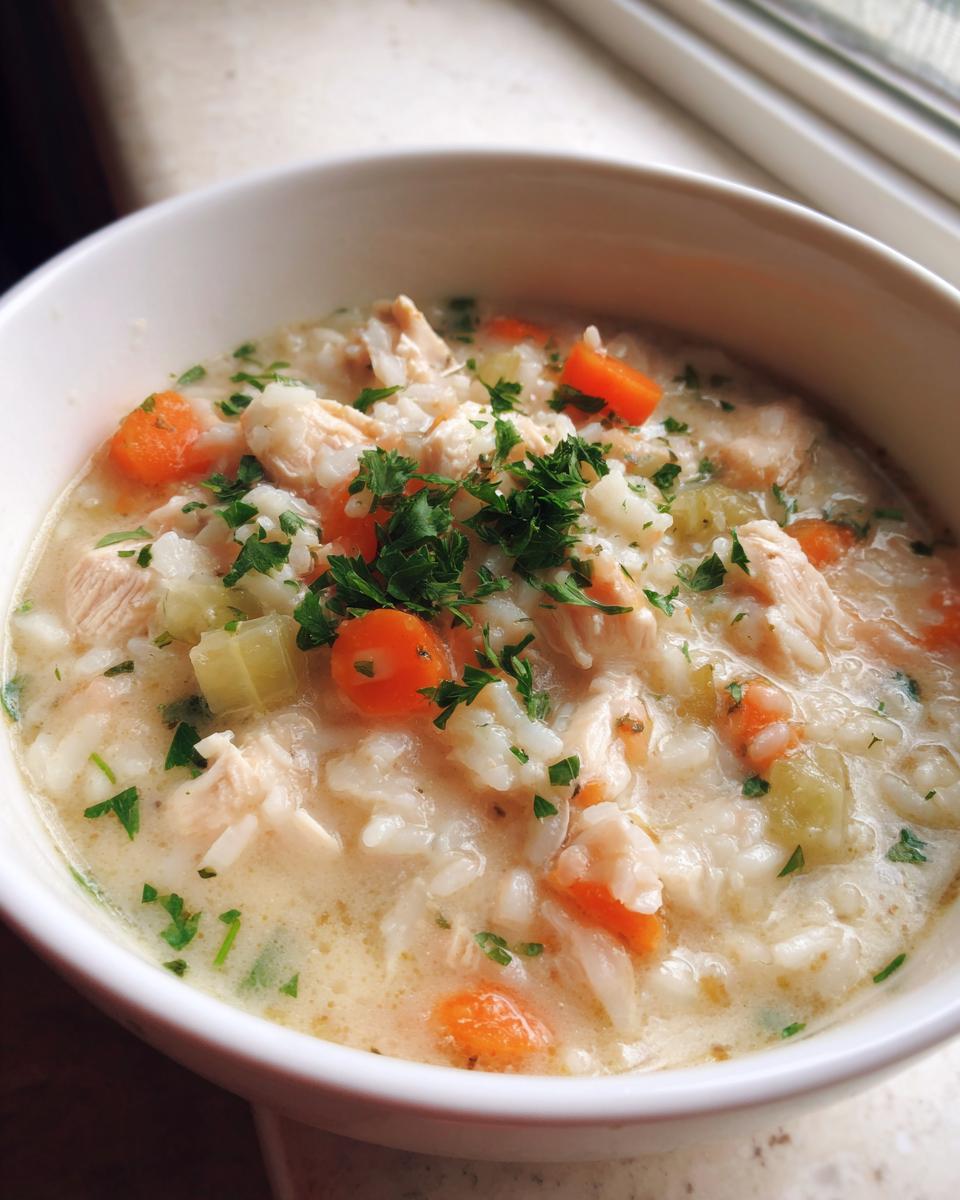 Close-up of a hearty bowl of creamy rice soup with shredded chicken, carrots, celery, and parsley garnish.