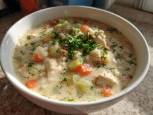 A close-up of a white bowl filled with creamy chicken and rice soup, garnished with parsley.