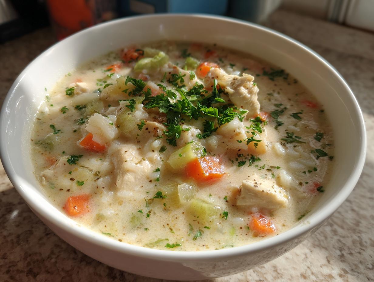 A close-up of a white bowl filled with creamy chicken and rice soup, garnished with parsley.