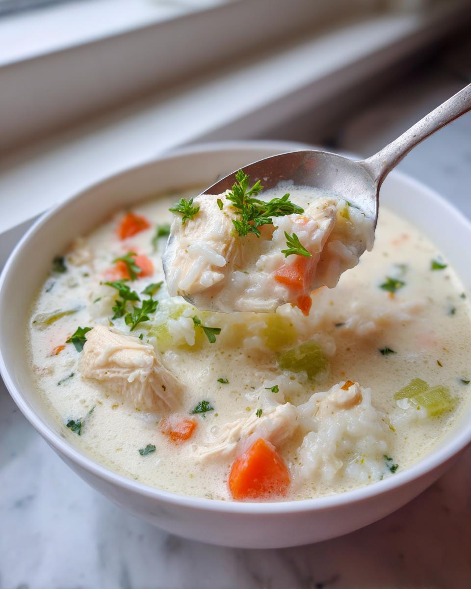 A spoonful of creamy chicken and rice soup, showing chunks of chicken, rice, carrots, and parsley garnish.