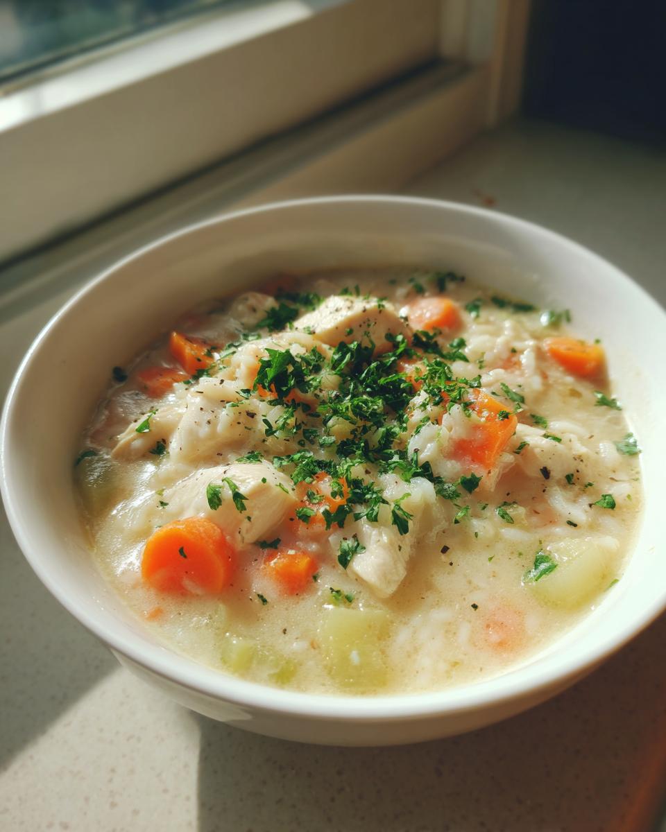 A close-up of a creamy chicken and vegetable rice soup, garnished with fresh parsley, served in a white bowl.