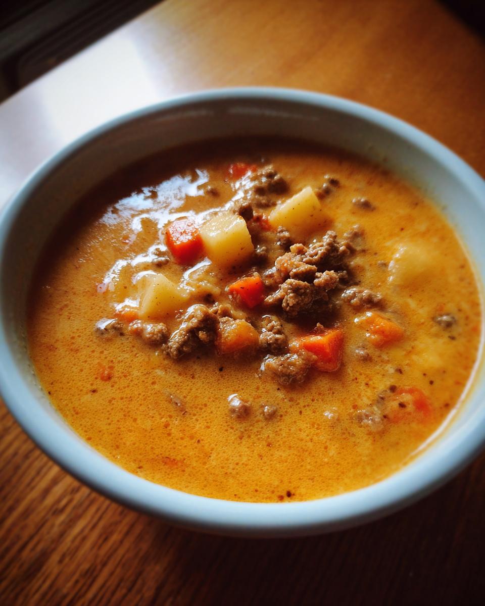 A close-up of a bowl of creamy crockpot cheeseburger soup with ground beef, potatoes, and carrots.
