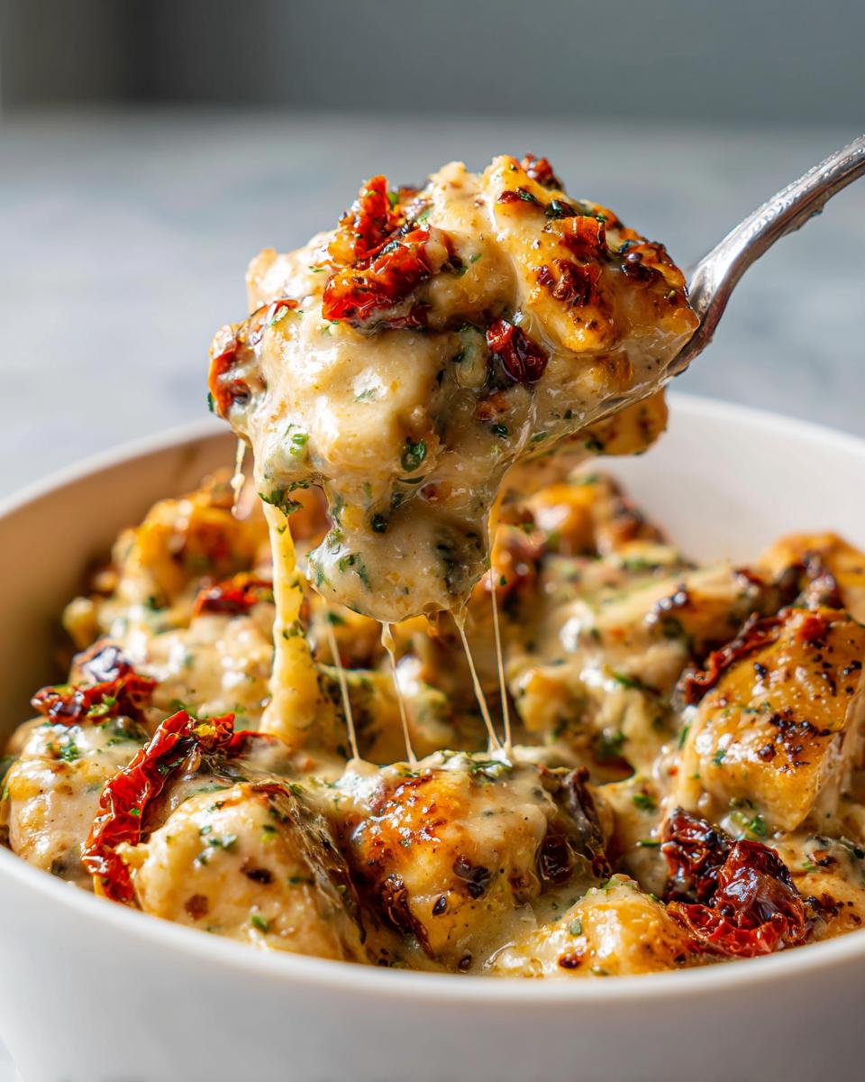 A spoonful of creamy crockpot marry me chicken being lifted from a white bowl, showing melted cheese strings.