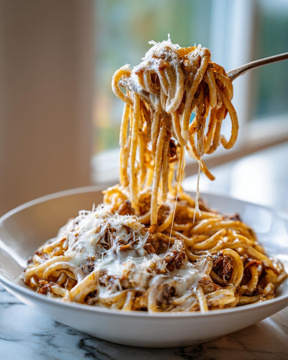 A fork lifting a generous portion of creamy french onion pasta, showing cheese pull and grated parmesan topping.