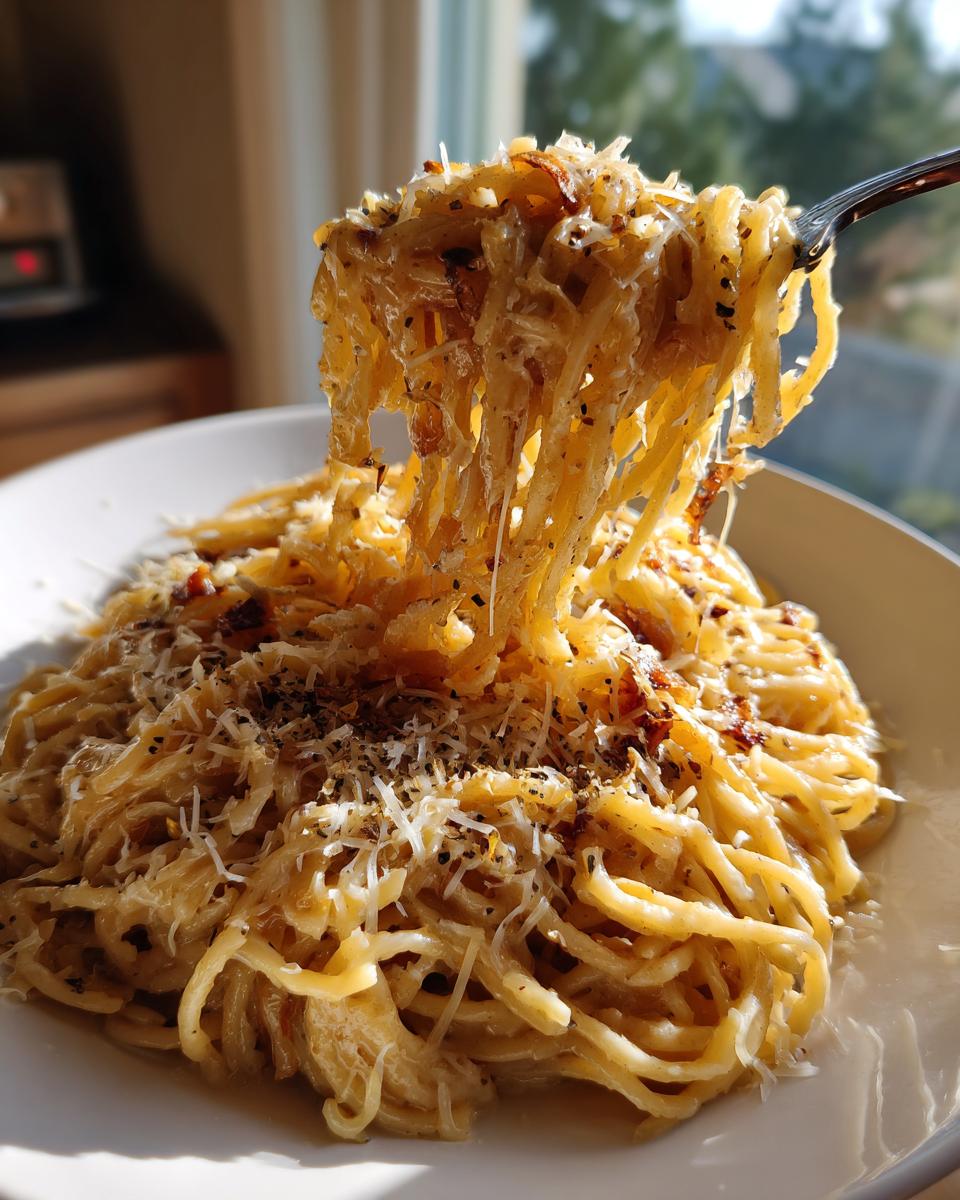 A fork lifting a generous portion of creamy french onion pasta, topped with grated cheese and pepper.