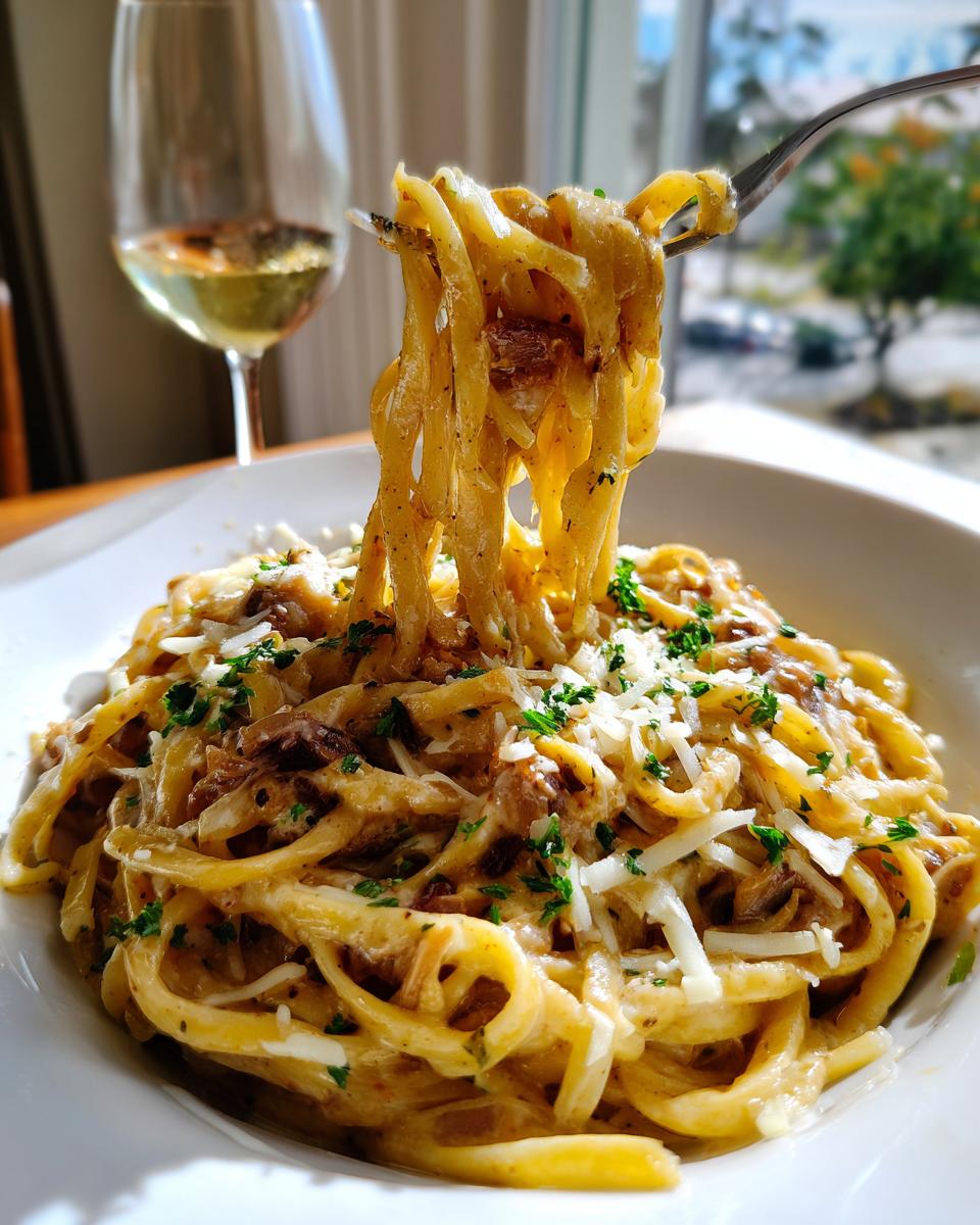 A fork lifting a twirl of creamy french onion pasta from a white bowl, topped with cheese and parsley.