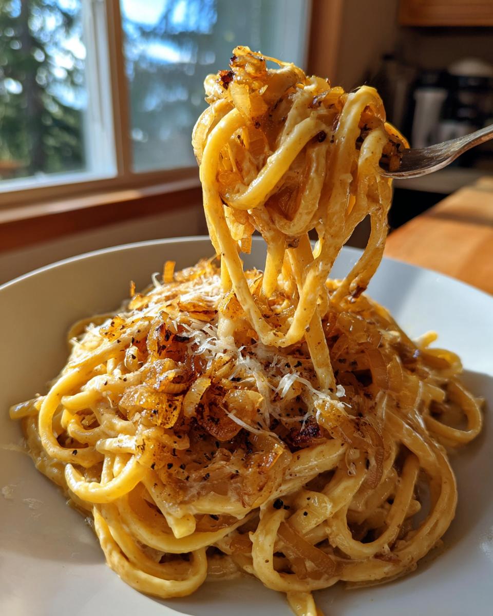 A fork lifts a generous portion of creamy french onion pasta topped with caramelized onions and grated cheese.