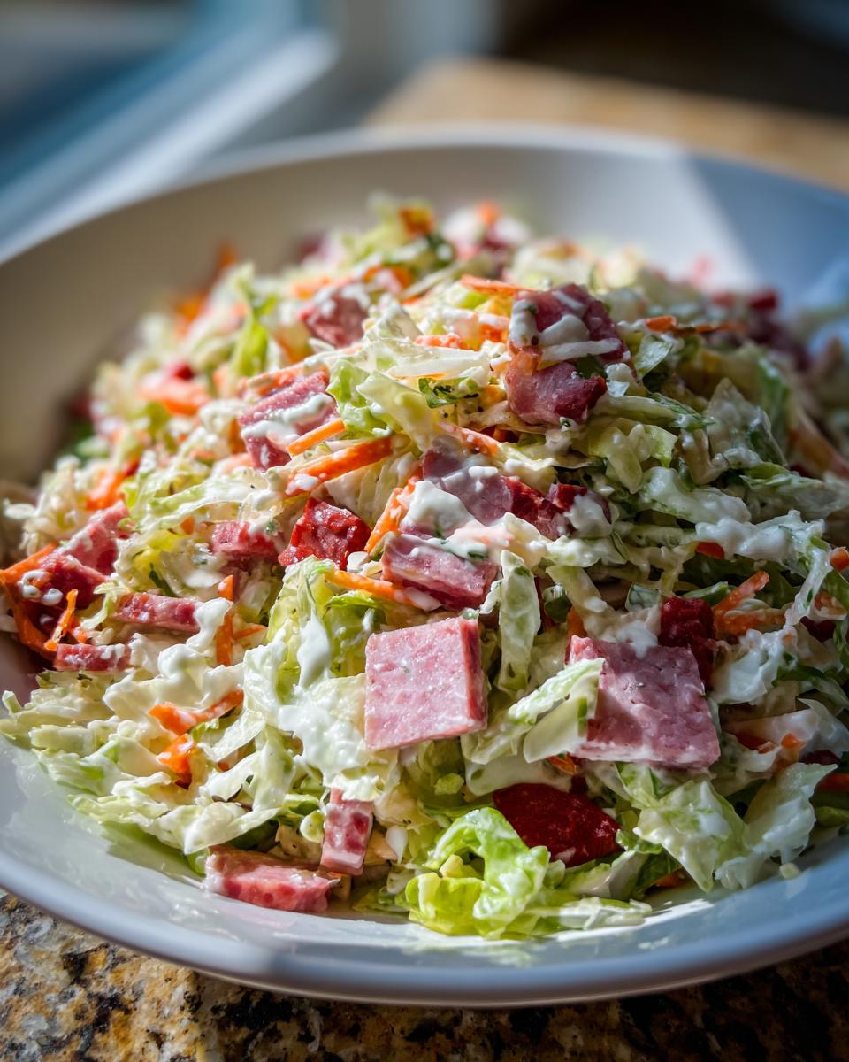 A close-up of a hearty grinder salad featuring chopped lettuce, carrots, and chunks of deli meat tossed in a creamy dressing.