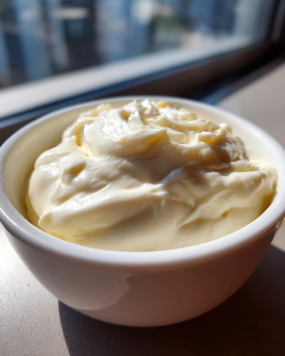 A close-up of thick, creamy homemade mayonnaise filling a small white bowl, brightly lit by sunlight.