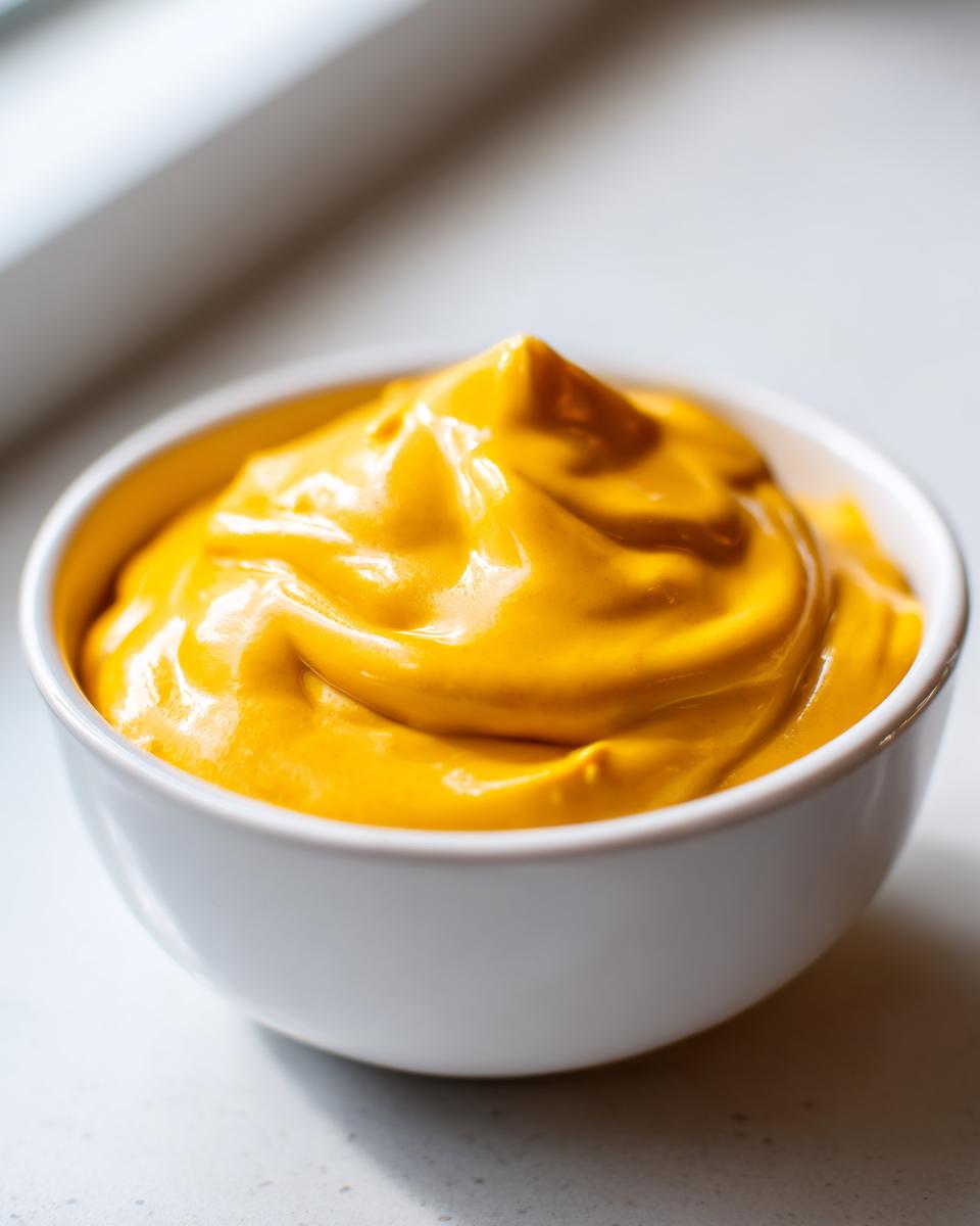 A close-up of thick, bright orange homemade nacho cheese sauce swirled in a small white bowl.