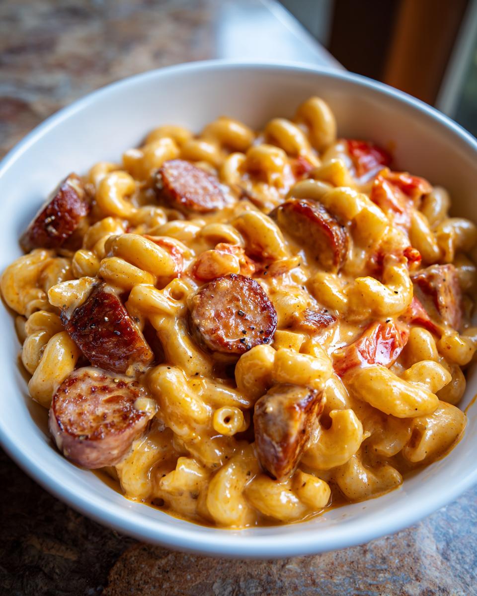 A close-up of creamy, cheesy kielbasa pasta featuring browned sausage slices in a white bowl.